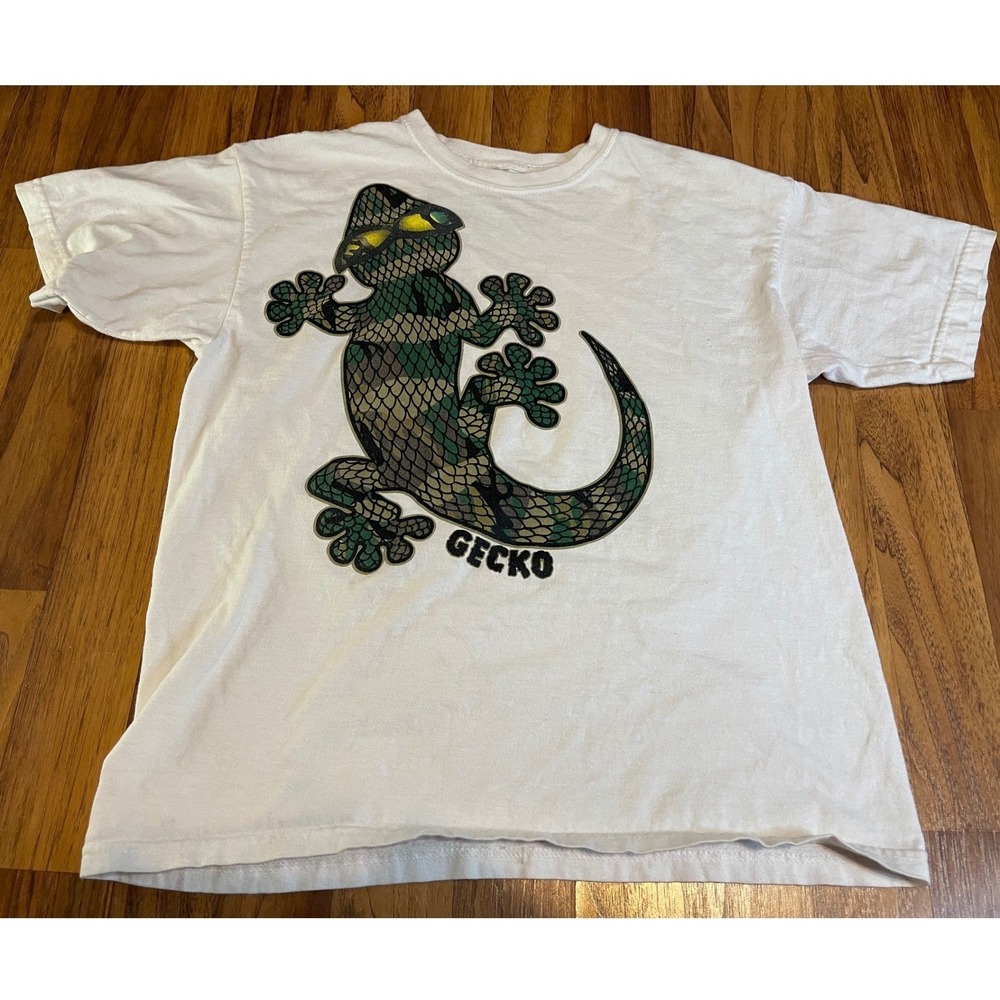 Gecko Hawaii T Shirt Mens Large White Camo Gecko Graphic Cotton Tee Vintage 90s